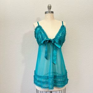FREDERICK'S OF HOLLYWOOD Ruffled Sheer Cami / Nightgown Slip Green